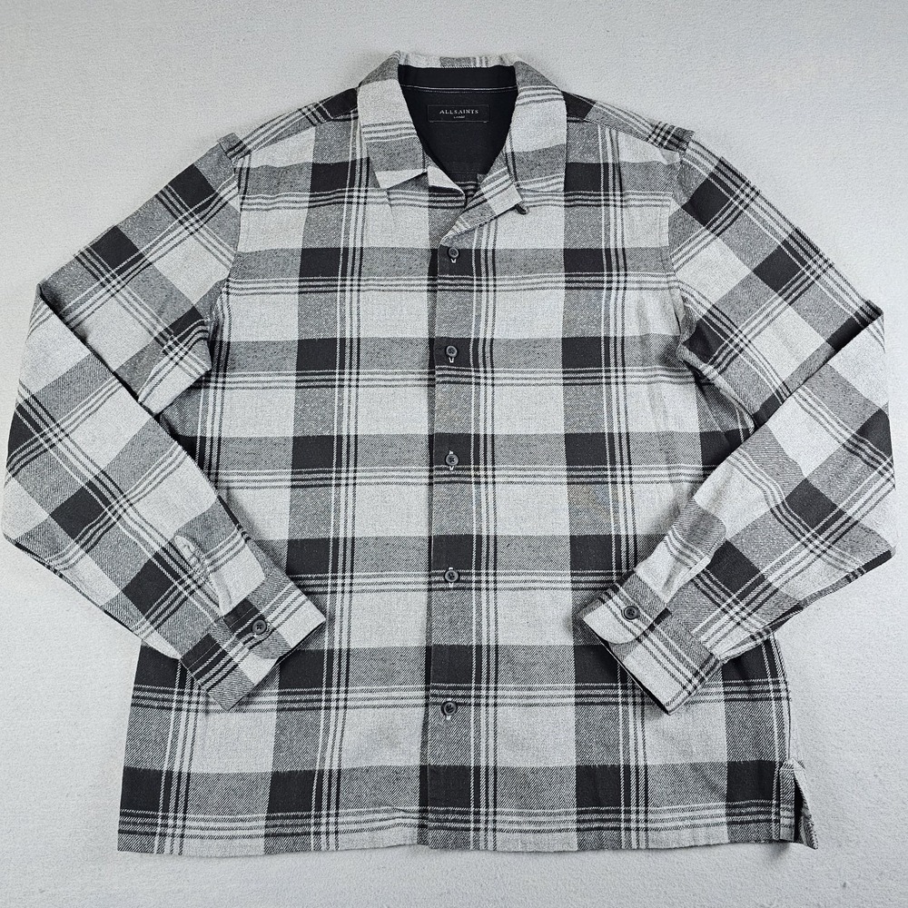 All Saints Flannel Shirt Mens Large Black Gray Plaid Danby Long Sleeve Button Up